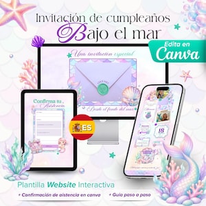 Puede incluir: Una plantilla de invitación de cumpleaños digital interactiva con temática de sirena, escamas pastel, conchas y coral. La pantalla muestra un monitor, una tableta y un teléfono con el texto "Invitación de cumpleaños Bajo el mar" y "Edita en Canva".