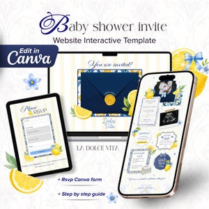 May include: A digital baby shower invitation template, displayed on a tablet, laptop, and smartphone. The design features a navy blue envelope with a gold seal, lemon slices, and the text "Baby shower invite" and "Dolce Vita". Includes RSVP form.