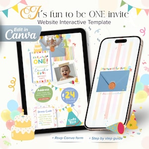 May include: A digital interactive birthday invitation template for a first birthday party, displayed on a tablet and smartphone. The design features colourful party elements, a photo placeholder, and text including It's fun to be ONE invite.
