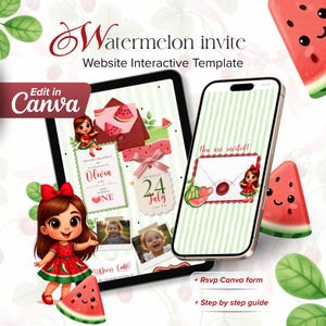 Puede incluir: Una plantilla de invitación digital con tema de sandía. El diseño presenta una tableta y un teléfono inteligente que muestran diseños de invitación, con ilustraciones de una niña y rodajas de sandía. El texto incluye "Watermelon invite" y "Edit in Canva".