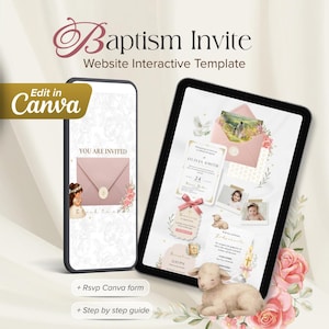 Digital Baptism Website Invitation, Interactive Mobile Invite, Pink Floral Christening Web, RSVP Canva Template, Electronic Baptismal Card