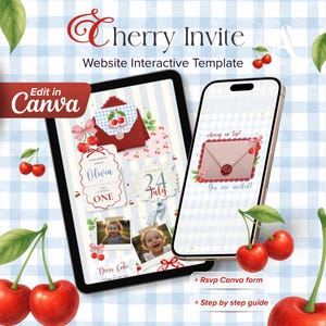 Peut inclure: Modèle d'invitation numérique sur le thème des cerises, affiché sur une tablette et un smartphone. Le design comprend des cerises rouges, des accents roses et le texte "Cherry Invite" et "Edit in Canva". L'invitation est pour une fête d'anniversaire.