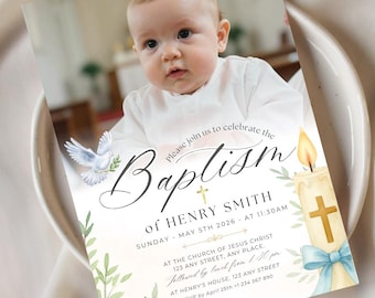 May include: Baptism invitation featuring a baby in white clothing. The invitation includes the text "Baptism of Henry Smith" with event details. A dove, candle, and greenery are illustrated on the invitation.