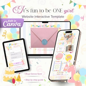 It's Fun to be One girl Website Invite, 1st Birthday Interactive Invitation Template, Colorful First Birthday RSVP Canva, Digital web Girl