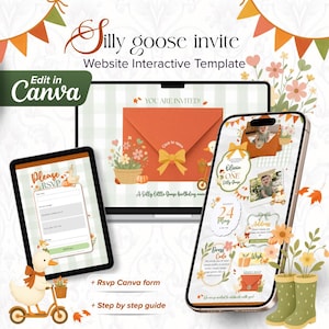 Puede incluir: Una plantilla de invitación de cumpleaños interactiva digital con temática de ganso. El diseño incluye una computadora portátil, una tableta y un teléfono inteligente que muestran formularios RSVP, detalles del evento y fotos de un niño, decorados con motivos florales, naranjas y verdes.