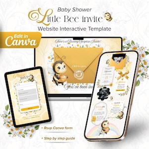 May include: A digital baby shower invitation template featuring a bee theme, displayed on a laptop, tablet, and smartphone. The design includes yellow envelopes, honey pots, daisies, and text such as Little Bee invite and There's a Buzzing Surprise Inside.