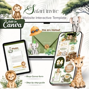 Puede incluir: Una plantilla de invitación interactiva con temática de safari para Canva, con ilustraciones en acuarela de mono, elefante, jirafa y león. La pantalla muestra un portátil y un smartphone con texto como Safari invite, You are invited y Please RSVP.