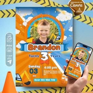 Puede incluir: Una invitación de cumpleaños con una foto de un niño, el nombre "Brandon" y el texto "Cumple 3 años". El diseño incluye vehículos de construcción, un cono de tráfico naranja y la fecha y hora de la fiesta.