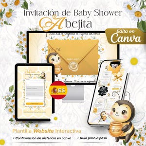 May include: A digital baby shower invitation template featuring a bee theme with yellow envelopes, honey pots, and daisy flowers. The design includes interactive website elements, a confirmation form, and text in Spanish, displayed on a computer and mobile screen.