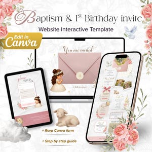 Digital Baptism and first birthday Website Invitation, Interactive Mobile Invite, Pink Floral Christening Web, RSVP Canva Template