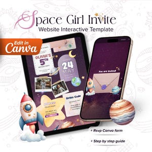 Puede incluir: Una plantilla de invitación digital con temática espacial, que muestra una tableta y un teléfono inteligente con detalles de la fiesta. El diseño incluye un cohete, planetas y el texto "Space Girl Invite". La invitación es editable en Canva.