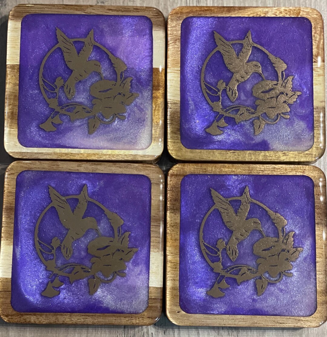 Hummingbird Coasters: Violet Resin With Bronze Inlay - Set of 4 - Etsy