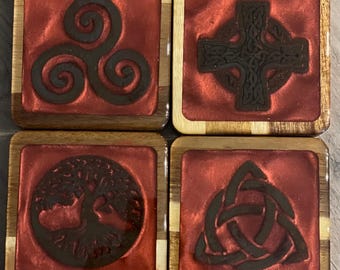 Handcrafted Celtic Symbol Wood Coasters: Rusted Iron Resin Inlay, Set of 4