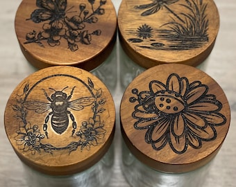 Laser Engraved Glass Storage Jar with Acacia  Lid, 16 oz Rustic Kitchen Decor, Bee Butterfly Dragonfly Ladybug, Choose Set of 1 2 3 or 4
