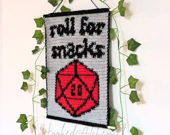 Tapestry Crochet Pattern | Roll for Snacks Wall Hanging | D&D Dice Crochet Chart | Gamer Decor PDF