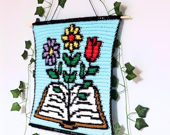 Tapestry Crochet Pattern – Book with Flowers Wall Hanging (Digital PDF Chart)
