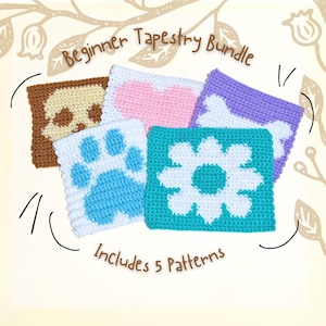 May include: A beginner tapestry bundle featuring five crochet patterns. The patterns include a skull, heart, paw print, and flower designs. The text "Beginner Tapestry Bundle" and "Includes 5 Patterns" are also visible.