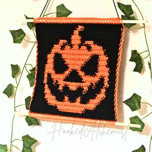 Gobelin Häkelanleitung: Halloween Kürbis Wandbehang (PDF Digital Download