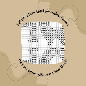 May include: A cross-stitch chart with a grid pattern, featuring a design of a heart and the word "Love". The chart includes the text "Includes a Blank Chart for Custom Colours" and "Print and colour with your colour choices".