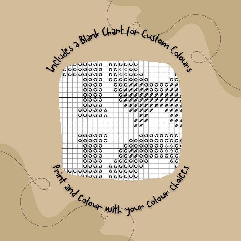 May include: A cross-stitch chart with a grid pattern, featuring a design of a heart and the word "Love". The chart includes the text "Includes a Blank Chart for Custom Colours" and "Print and colour with your colour choices".