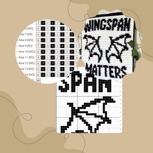 K&ouml;nnte beinhalten: Ein wei&szlig;-schwarzes H&auml;kelprojekt mit den Worten "WINGSPAN MATTERS" und einer fledermausartigen Grafik. Eine Tabelle mit Zahlen und Symbolen ist ebenfalls sichtbar, zusammen mit einer pixeligen Grafik des Fledermausdesigns. Das Projekt wird auf einem neutralen Hintergrund pr&auml;sentiert.