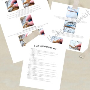 Op de afbeelding: Een snelle gids voor tapestry haken, met stapsgewijze instructies en foto's. De gids is gedrukt op wit papier en vastgezet met bruine tape. De tekst "Hooked Alchemist" is zichtbaar op de achtergrond.