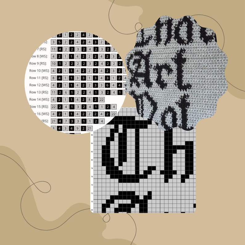 Op de afbeelding: Een haakpatroon met de woorden "Art Dot" in zwart op een grijze achtergrond. De afbeelding bevat ook een close-up van de haaksteken en een tabel met cijfers en symbolen, waarschijnlijk voor de patrooninstructies. De achtergrond is lichtbruin.