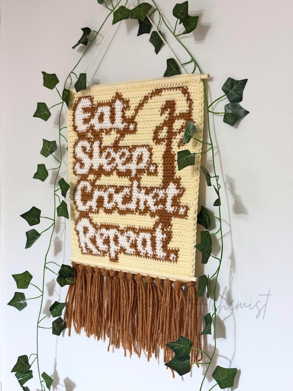 Tapestry Crochet Pattern Eat Sleep Crochet Repeat, Crochet Lover Gift, Cozy Craft Room Wall Hanging