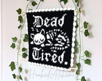 Tapestry Crochet Pattern – Dead Tired Skeleton Cat Wall Hanging, Gothic Crochet Chart, Spooky Black & White Home Decor PDF