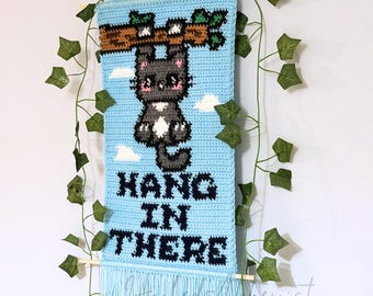 Tapestry Crochet Pattern – Hanging Cat Wall Hanging “Hang In There” – Cute Kawaii Kitty Graphghan – Digital Download PDF