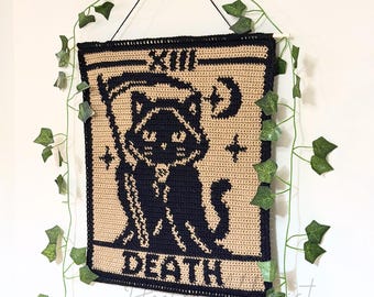 Tapestry Crochet Pattern, Death Tarot Black Cat Wall Hanging, Gothic Crochet PDF