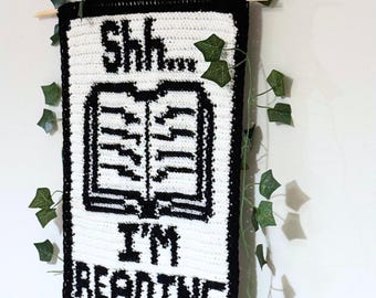 Bookish Häkelanleitung - ‘Shh I’m Reading’ Wandbehang, Tapisserie Graphgan & schriftliche Anleitung, Instant PDF