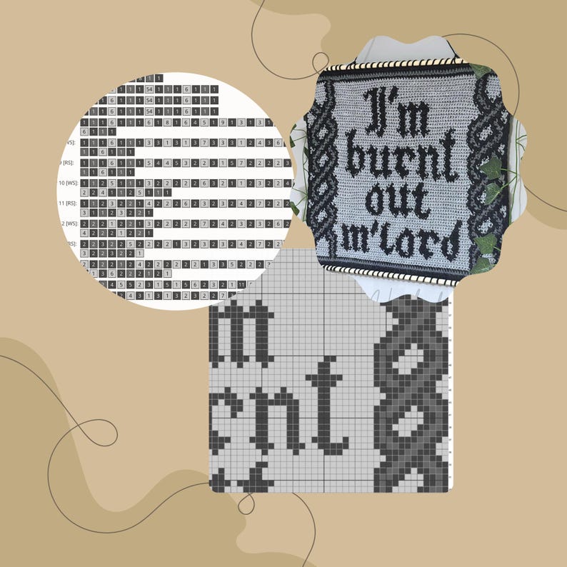 Op de afbeelding: Een gehaakte wandhanger met de tekst "I'm burnt out m'lord" in zwarte gotische letters. Het stuk heeft een grijze achtergrond met een zwarte en grijze rand. Een cirkelvormige grafiek en een raster met het woord "ment" worden ook getoond.