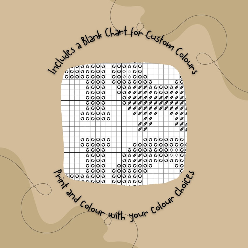 Op de afbeelding: Een blanco kruissteekdiagram met een rasterpatroon, met een ontwerp van een hart en het woord "Love". De kaart is omgeven door tekst die luidt "Includes a Blank Chart for Custom Colours" en "Print and colour with your colour choices".