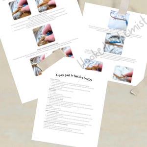 May include: A guide to tapestry crochet, with instructions and photos. The guide is printed on white paper and secured with tape. The text "Hooked Alchemist" is visible. The text "A quick guide to tapestry crochet" is also visible.