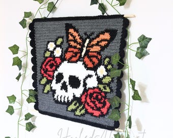 Skull Butterfly Roses Tapestry Crochet Pattern, Gothic Floral Wall Hanging (PDF)