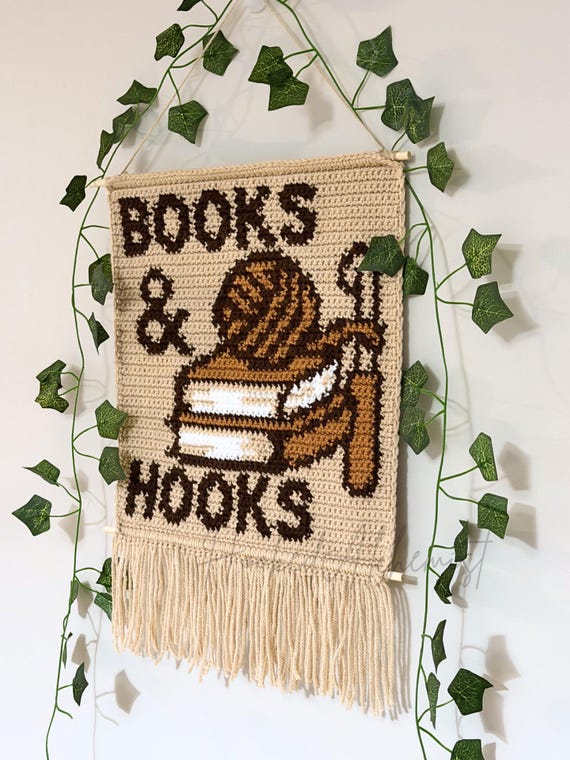 Tapestry Crochet Pattern – Books & Hooks Wall Hanging, Book Lover Crochet Pattern, Reading Crochet Chart, Bookish Decor, PDF Digital