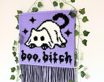 Tapestry Crochet Pattern, Ghost Cat Halloween Wall Hanging, Spooky Crochet Pattern, Crochet Tapestry PDF
