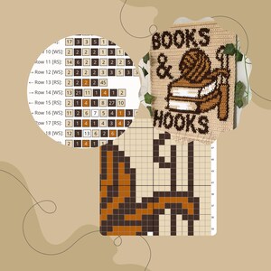 May include: A beige crochet item with the text "BOOKS & HOOKS" and a design of a ball of yarn, books, and a crochet hook. A pixelated crochet pattern and a crochet chart are also visible.