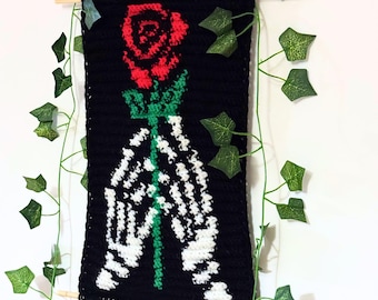 Tapestry Crochet Pattern – Skeleton Hands Holding Rose | Gothic Wall Art | Digital PDF Chart