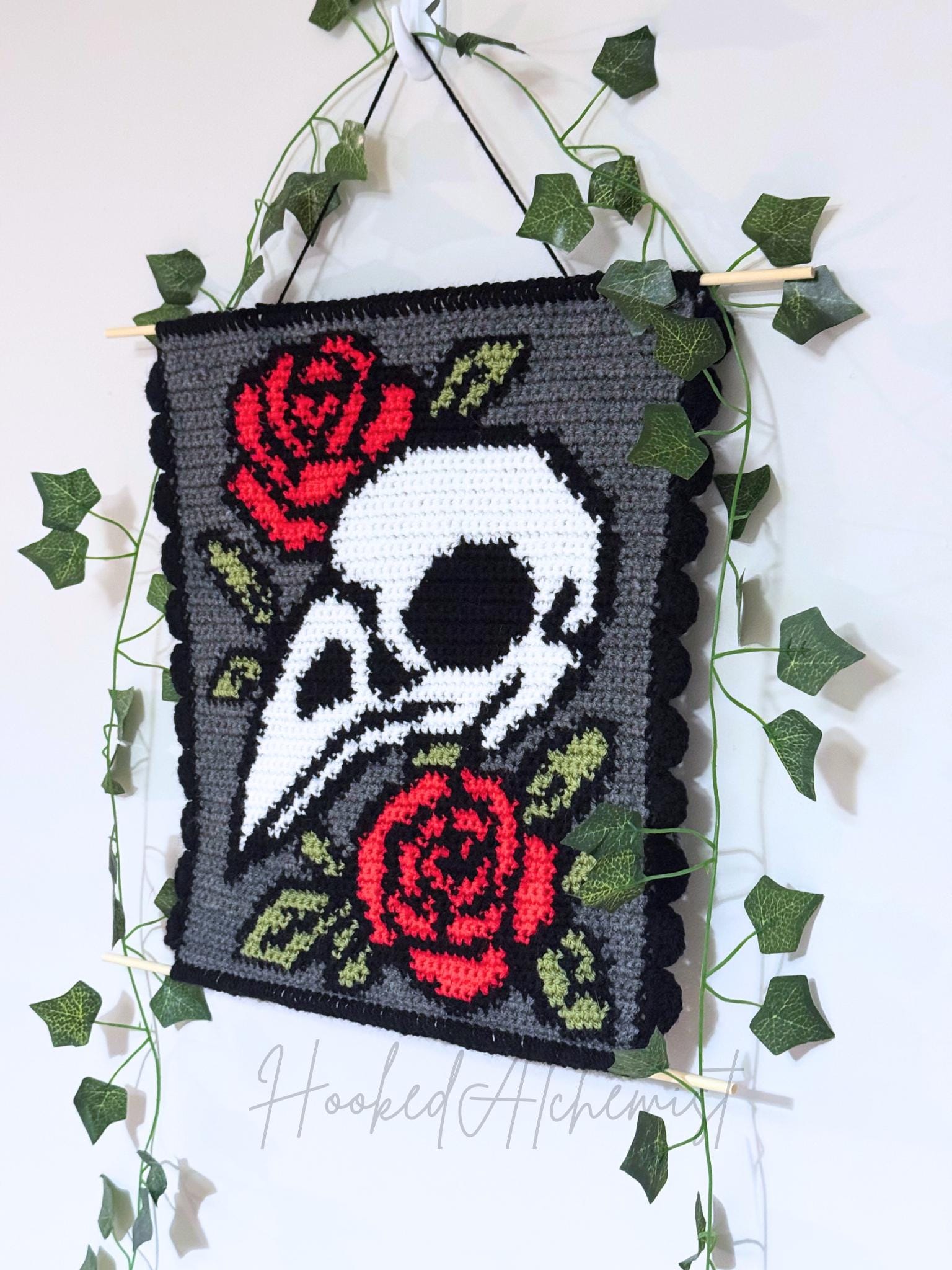 Tapestry Crochet Crow Skull Wall Hanging Pattern • Skull & Roses
