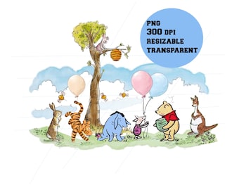 Paquete de imágenes prediseñadas vintage de Winnie the Pooh: Pooh clásico y sus amigos en formato PNG (descarga digital)