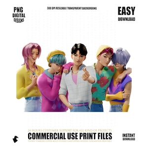 Puede incluir: Dise&ntilde;o digital con cinco figuras estilizadas con atuendos coloridos. El texto incluye "PNG DIGITAL DESIGNS", "300 DPI RESIZABLE TRANSPARENT BACKGROUNG", "EASY DOWNLOAD", "COMMERCIAL USE PRINT FILES" e "INSTANT DOWNLOAD".