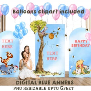 watercolor Pooh Book Backdrop/8x5 Feet  Giant blue Classic Winnie The Pooh Backdrop in DIGITAL 5 FILE / Instant Download +balloons +cliparts