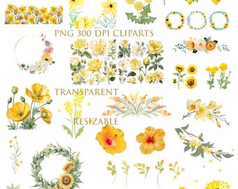 Yellow Wildflower Clipart Bundle: Watercolor Flowers, Borders, PNG (400 DPI)