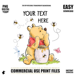 Może przedstawiać: Cyfrowa ilustracja Kubusia Puchatka, trzymającego słoik miodu, otoczonego pszczołami i motylem. Obraz zawiera tekst "YOUR TEXT HERE" i "COMMERCIAL USE PRINT FILES".