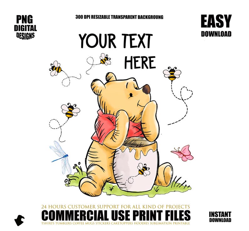 Może przedstawiać: Cyfrowa ilustracja Kubusia Puchatka, trzymającego słoik miodu, otoczonego pszczołami i motylem. Obraz zawiera tekst "YOUR TEXT HERE" i "COMMERCIAL USE PRINT FILES".