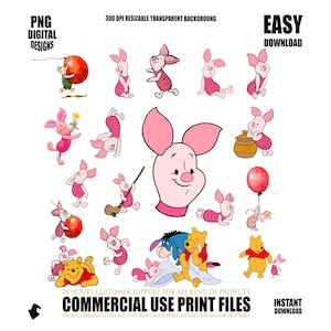May include: A selection of cartoon illustrations of Piglet from Winnie the Pooh in different poses. The images are in pink and red, with text that reads "PNG Digital Designs", "Commercial Use Print Files", and "Easy Download".