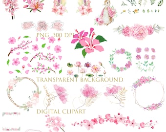 Pink Wildflower Watercolor Clipart: Floral Borders & Elements (PNG, 400 DPI)