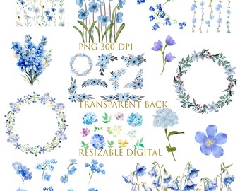 Blue Wildflower Watercolor Clipart: Floral Borders, PNG Files